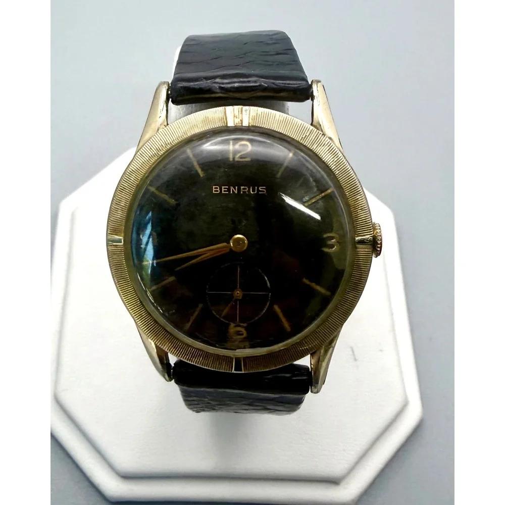 Vintage Benrus 17 Jewel Mechanical Watch 10K RGP Bezel‎ Black Dial Running